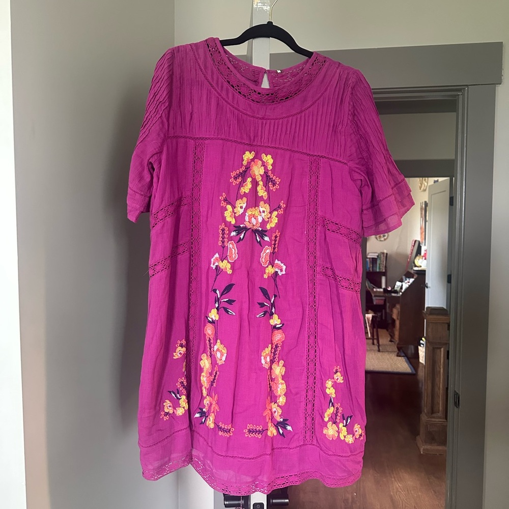 Free People Magenta Dress with Floral Embroidery